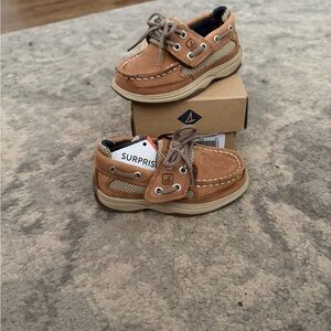 Sperry Kids Tan and Navy Moccasin Boat Shoes